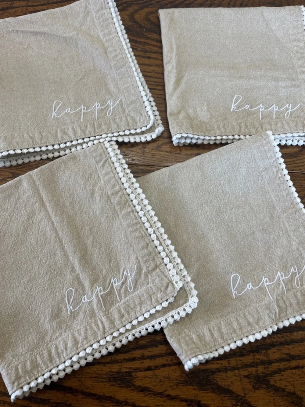 Mud pie Beige 'happy' Embroidered Napkins with Pom Trim - Set of 4
